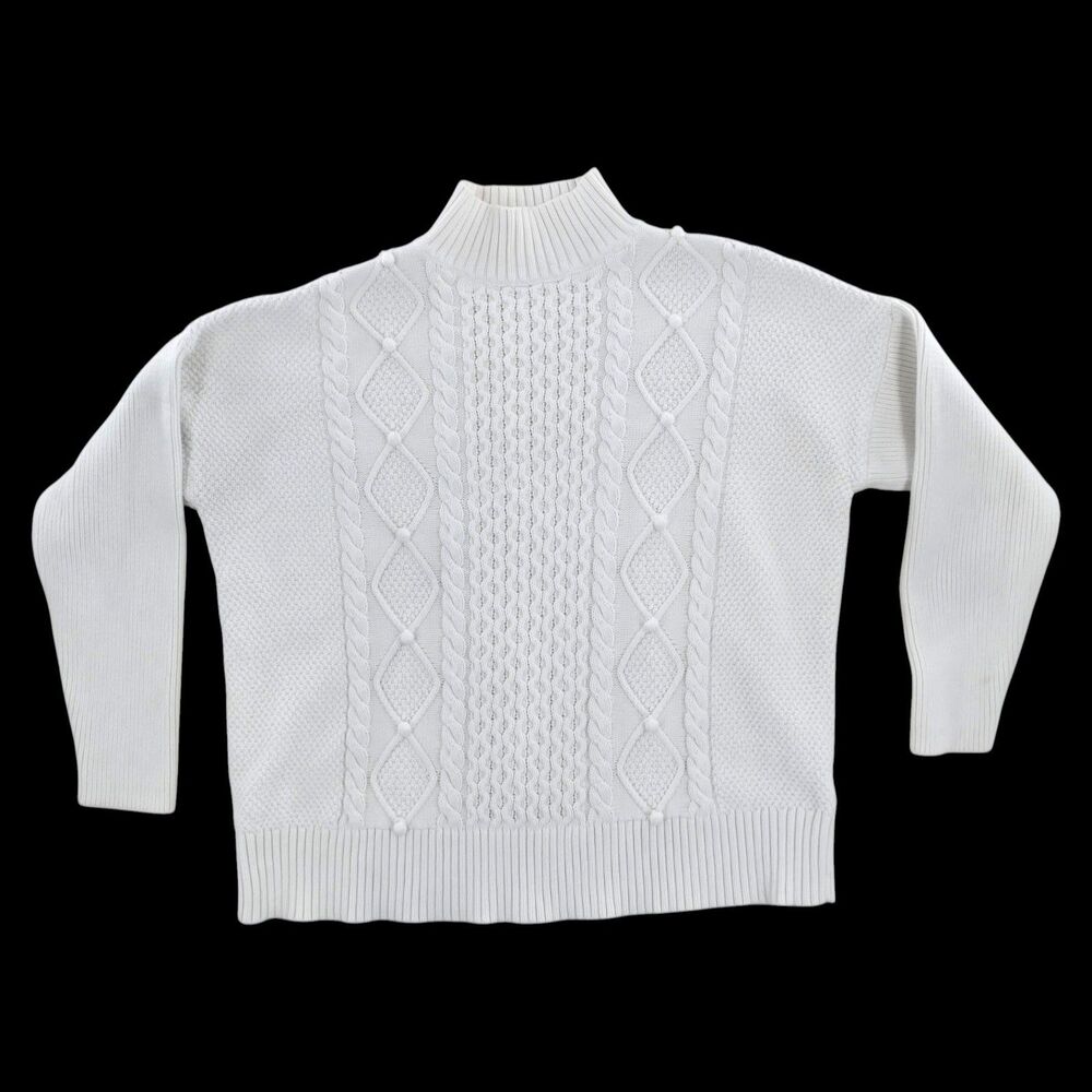 J. Crew Sz L White Mock Neck Cableknit Sweater Preppy Alpine Scandigirl Classic